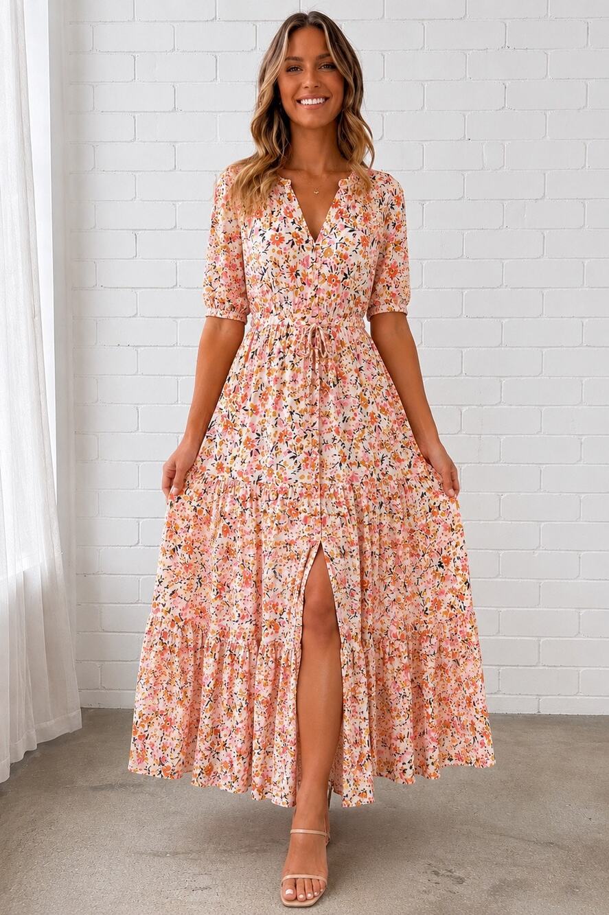Petal & Pup Womens US S Floral Maxi Dress Pink Orange Boho Tiered Rayon Prairie